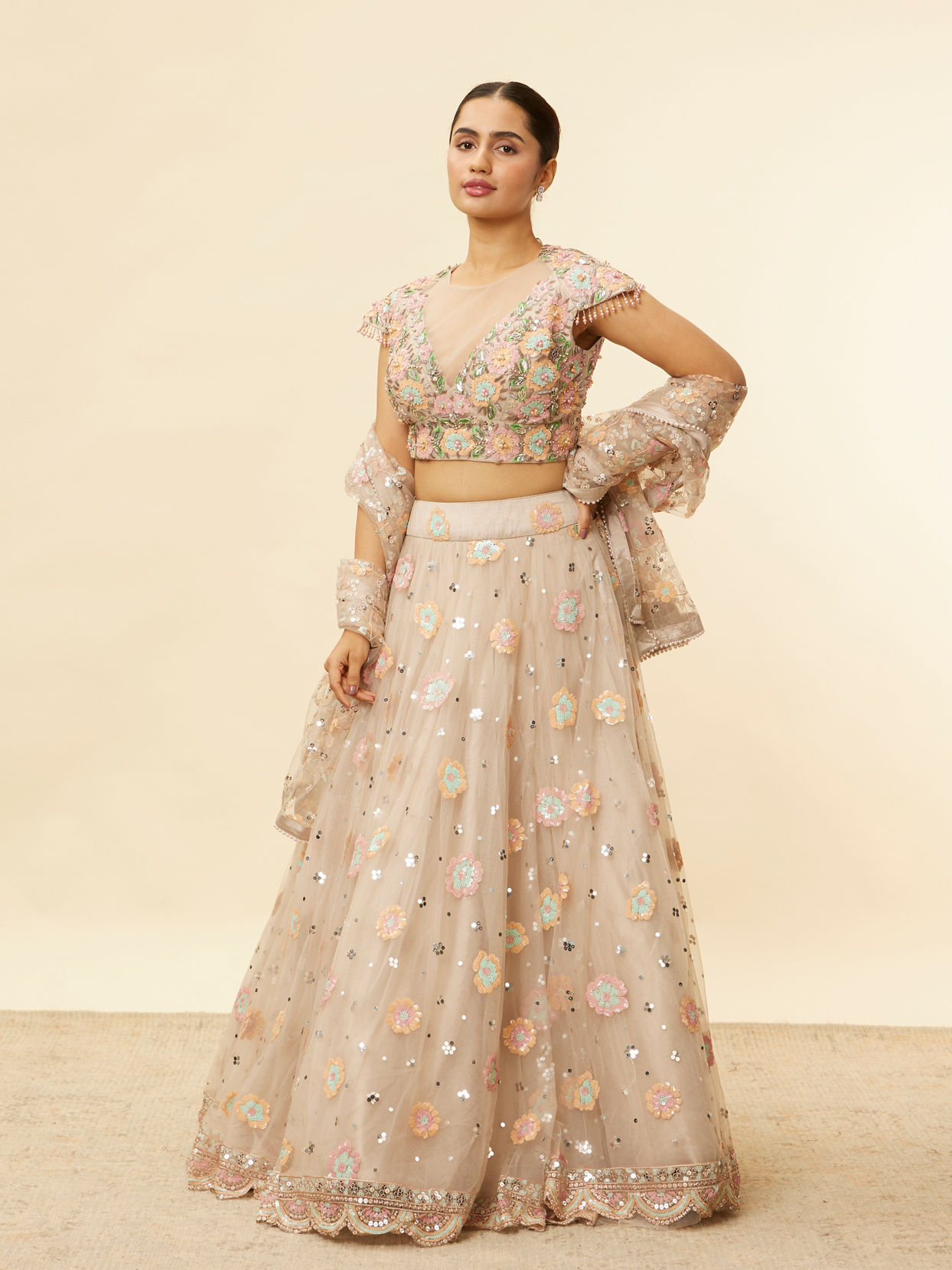 Mohey Women Oyster Grey Floral Embroidered Lehenga