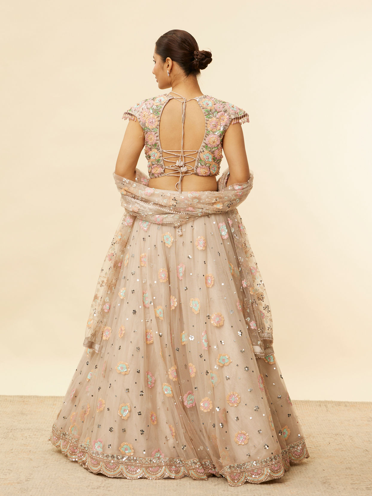Mohey Women Oyster Grey Floral Embroidered Lehenga