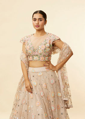 Mohey Women Oyster Grey Floral Embroidered Lehenga