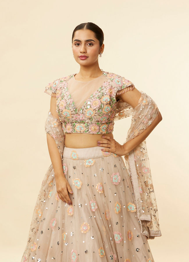 Mohey Women Oyster Grey Floral Embroidered Lehenga