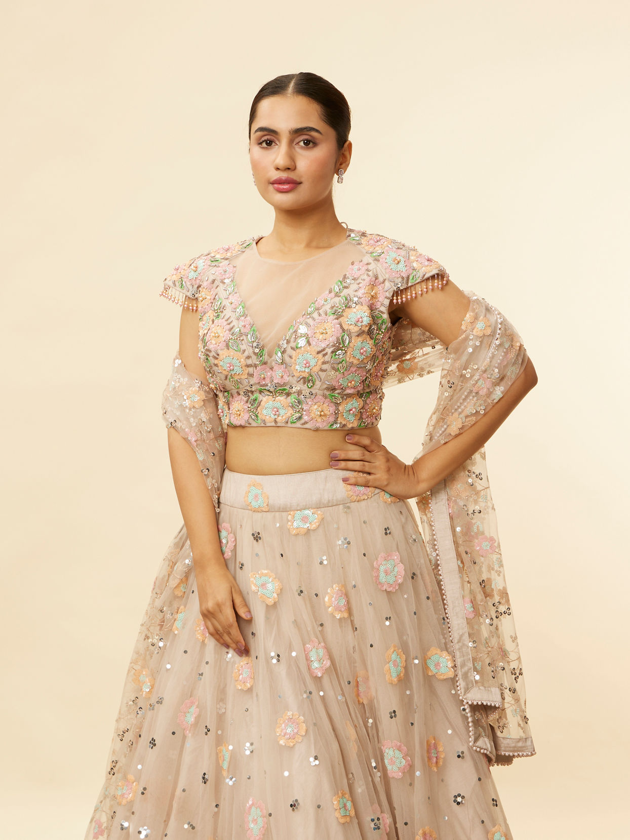 Mohey Women Oyster Grey Floral Embroidered Lehenga