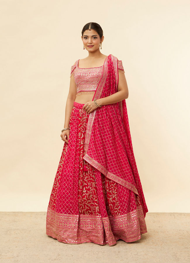 alt message - Mohey Women Berry Pink Sequined Jaal Patterned Lehenga image number 0