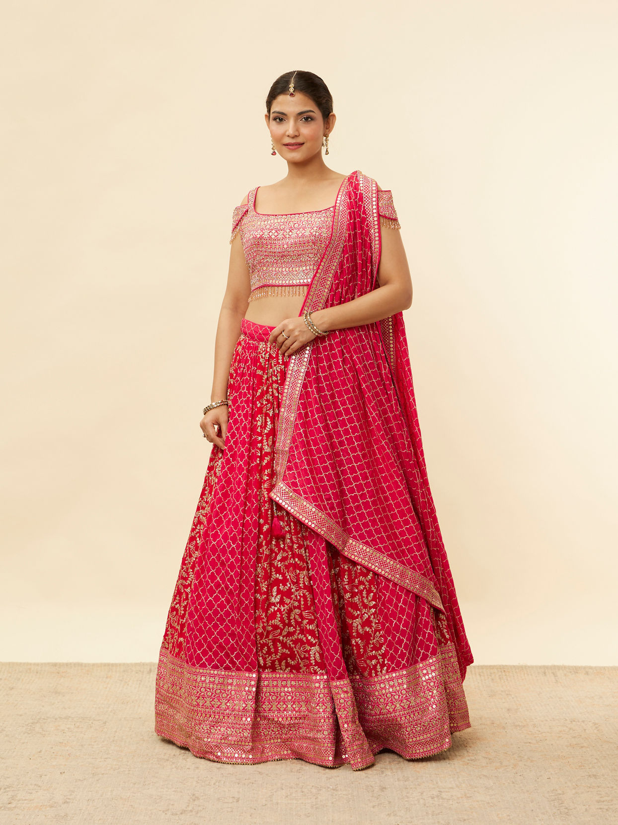 Berry Pink Sequined Jaal Patterned Skirt Top Set image number 0