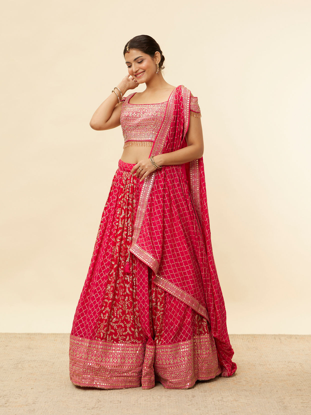 Berry Pink Sequined Jaal Patterned Skirt Top Set image number 2
