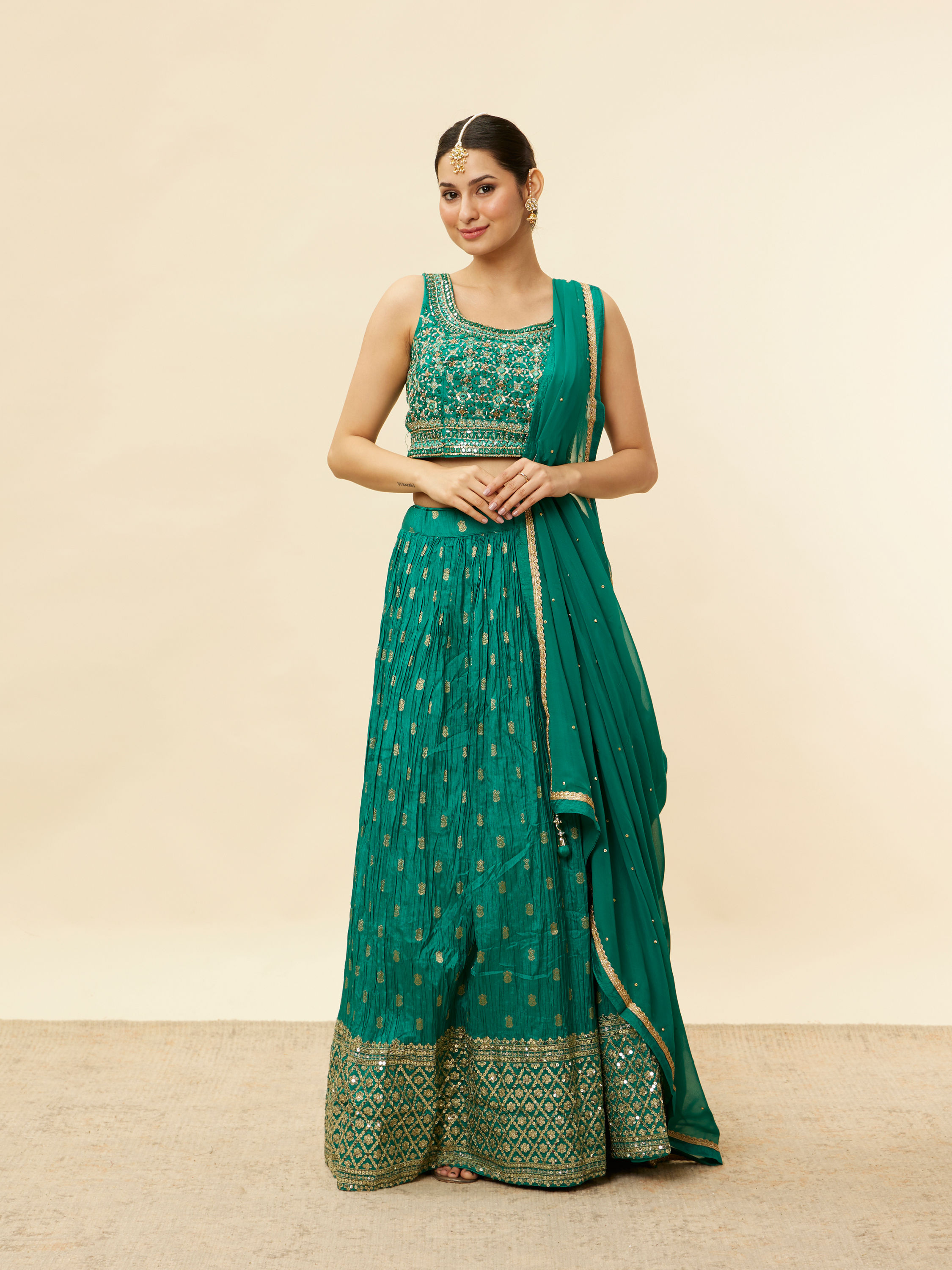 Mohey Women Fern Green Buta Print Lehenga