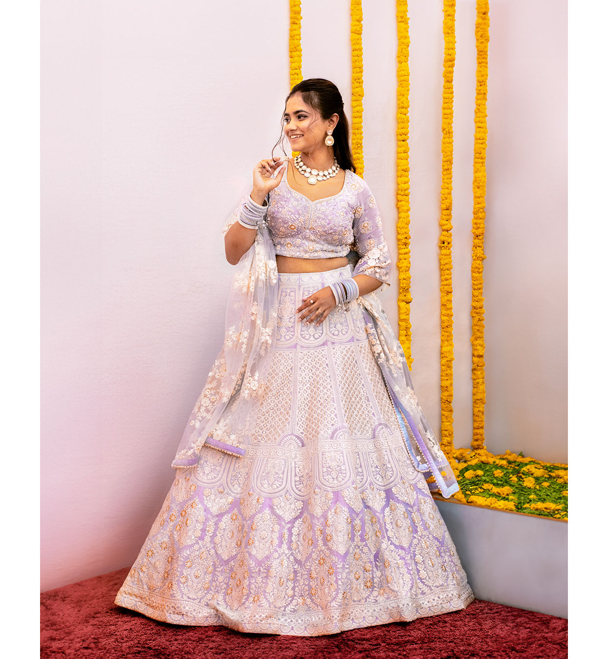 Mohey Women Light Blue Floral Jaal Patterned Bridal Lehenga