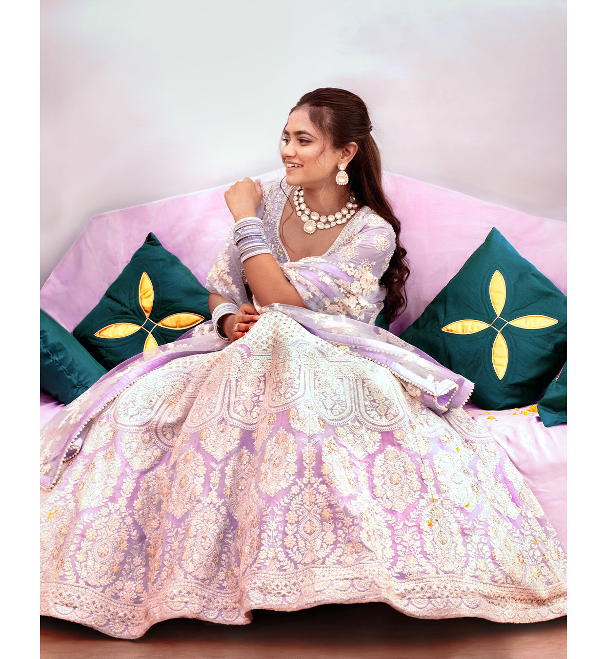 Mohey Women Light Blue Floral Jaal Patterned Bridal Lehenga