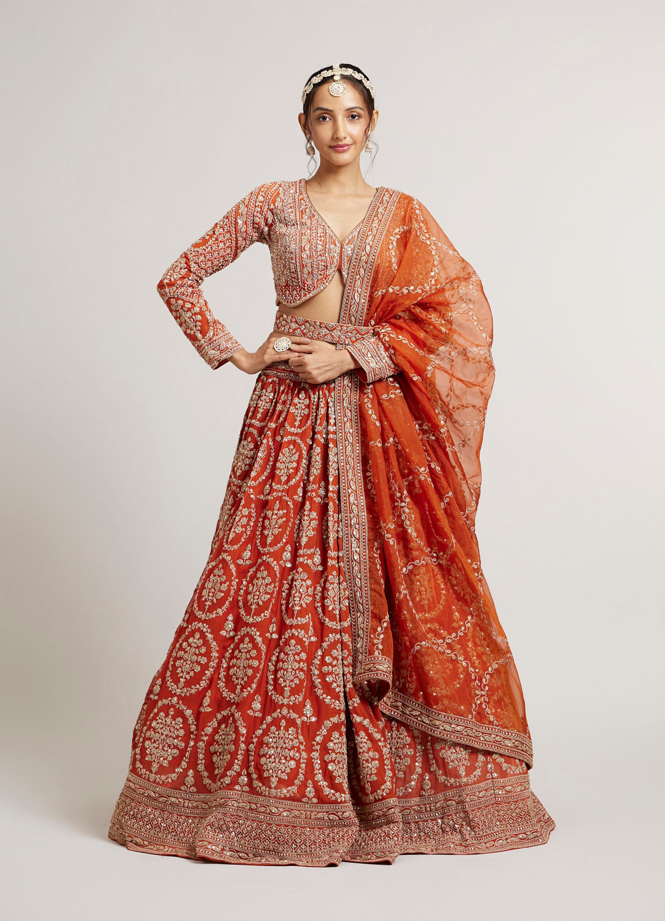 Mohey Women Rust Orange Floral Medallion Patterned Lehenga