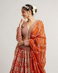 Mohey Women Rust Orange Floral Medallion Patterned Lehenga