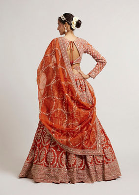 Mohey Women Rust Orange Floral Medallion Patterned Bridal Lehenga with Bel Buti Embroidery on Blouse image number 5