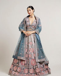 Mohey Women Battleship Grey Floral Embroidered Lehenga with Sequin Work