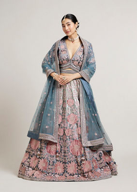 Mohey Women Battleship Grey Floral Embroidered Bridal Lehenga with Sequin Work image number 0