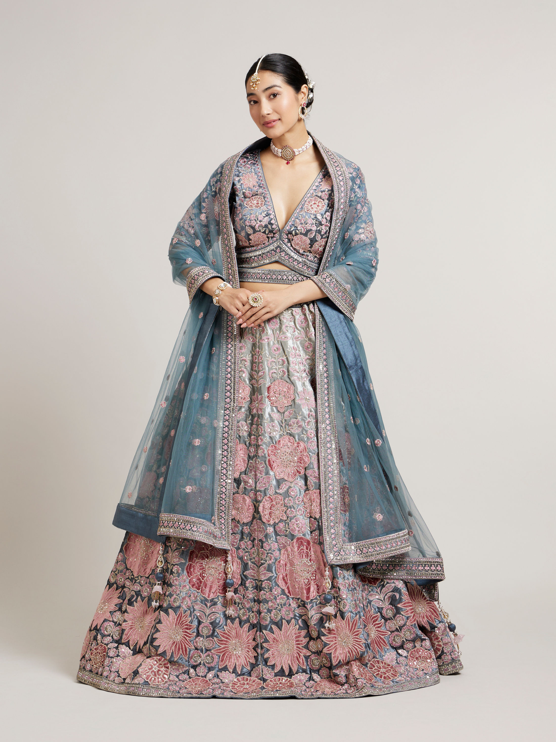 Mohey Women Battleship Grey Floral Embroidered Lehenga with Sequin Work