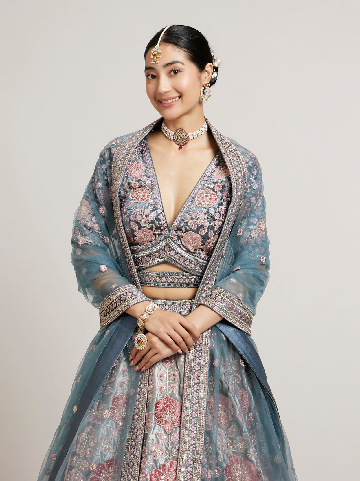 Mohey Women Battleship Grey Floral Embroidered Lehenga with Sequin Work