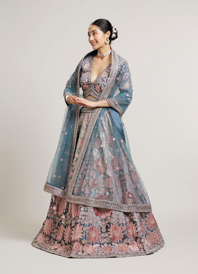 Mohey Women Battleship Grey Floral Embroidered Lehenga with Sequin Work