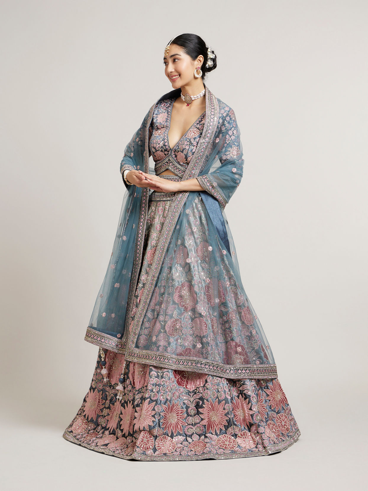Mohey Women Battleship Grey Floral Embroidered Lehenga with Sequin Work