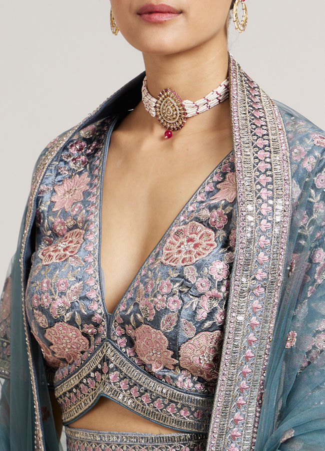 Mohey Women Battleship Grey Floral Embroidered Lehenga with Sequin Work
