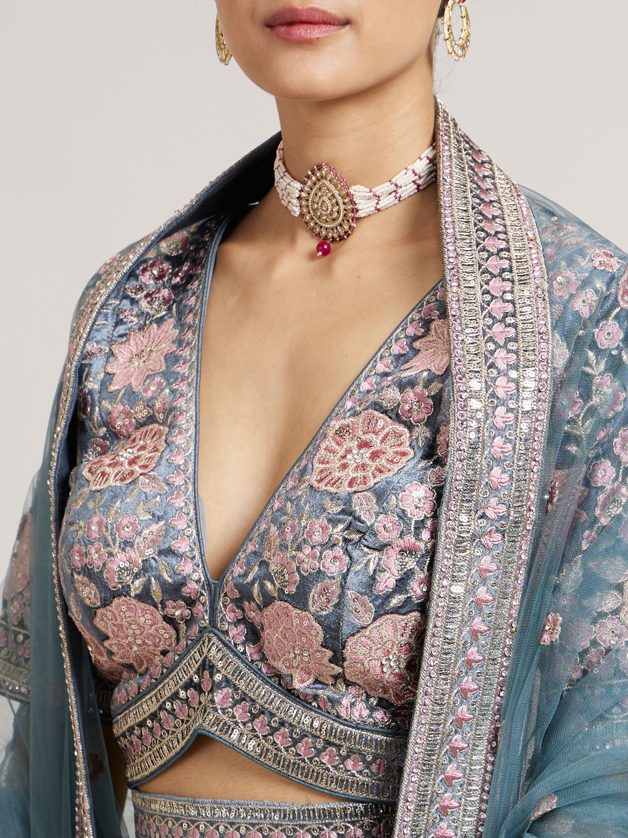 Mohey Women Battleship Grey Floral Embroidered Lehenga with Sequin Work