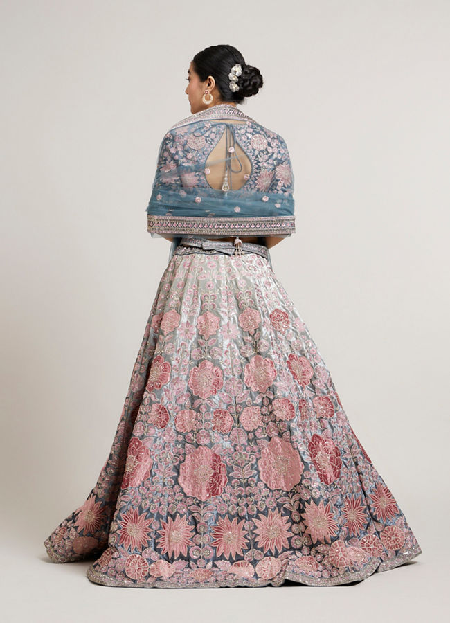 Mohey Women Battleship Grey Floral Embroidered Lehenga with Sequin Work