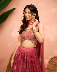 Mohey Women Elegant Dusty Light Pink Art Silk Crop Top Lehenga with Stone Work and Zari