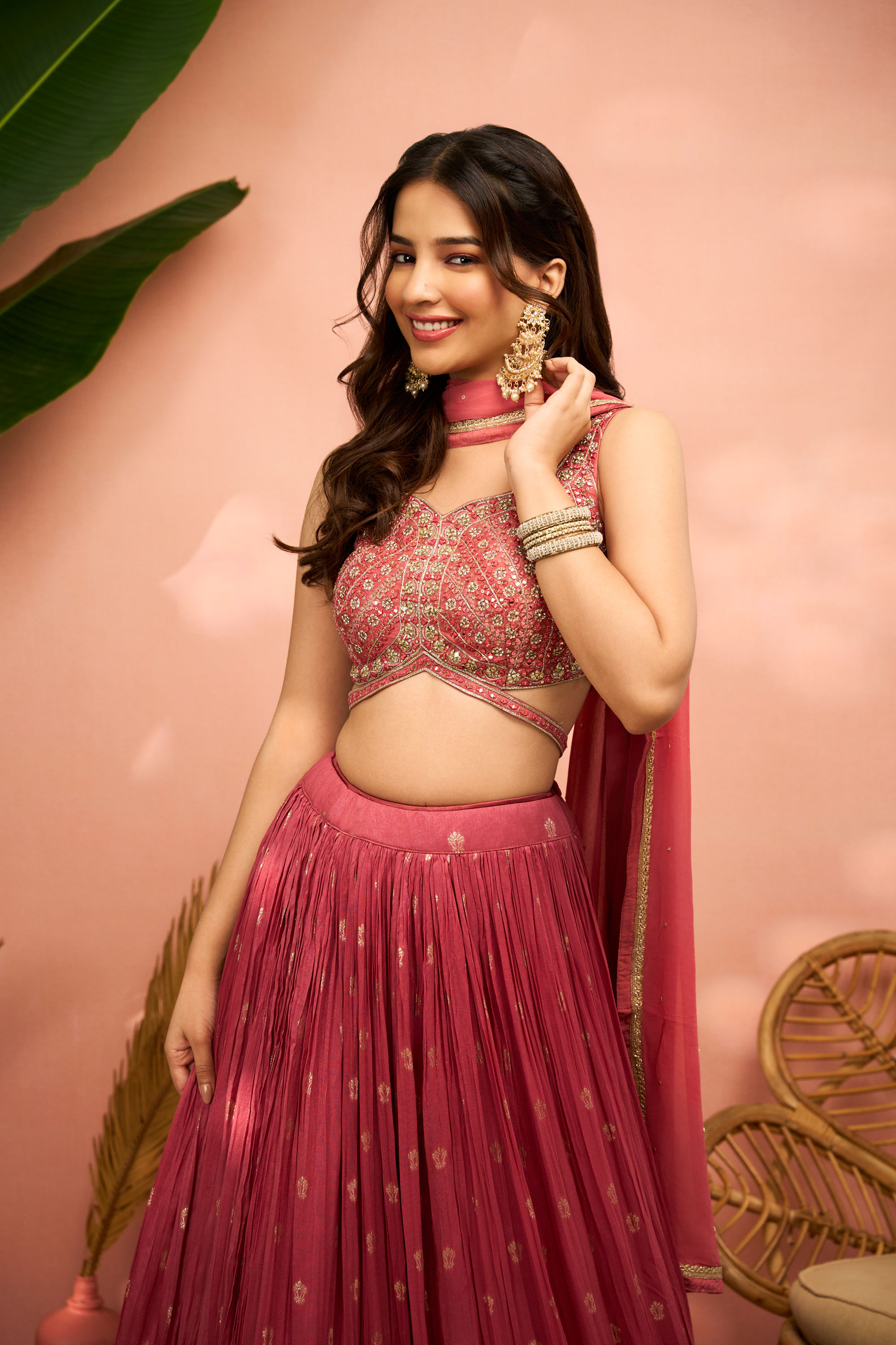 Mohey Women Elegant Dusty Light Pink Art Silk Crop Top Lehenga with Stone Work and Zari