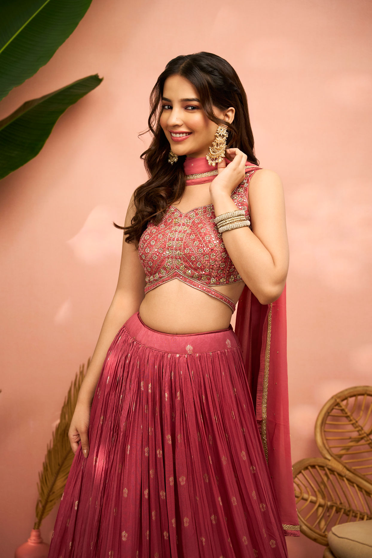 alt message - Mohey Women Elegant Dusty Light Pink Art Silk Crop Top Lehenga with Stone Work and Zari image number 1