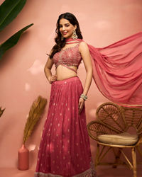 Mohey Women Elegant Dusty Light Pink Art Silk Crop Top Lehenga with Stone Work and Zari