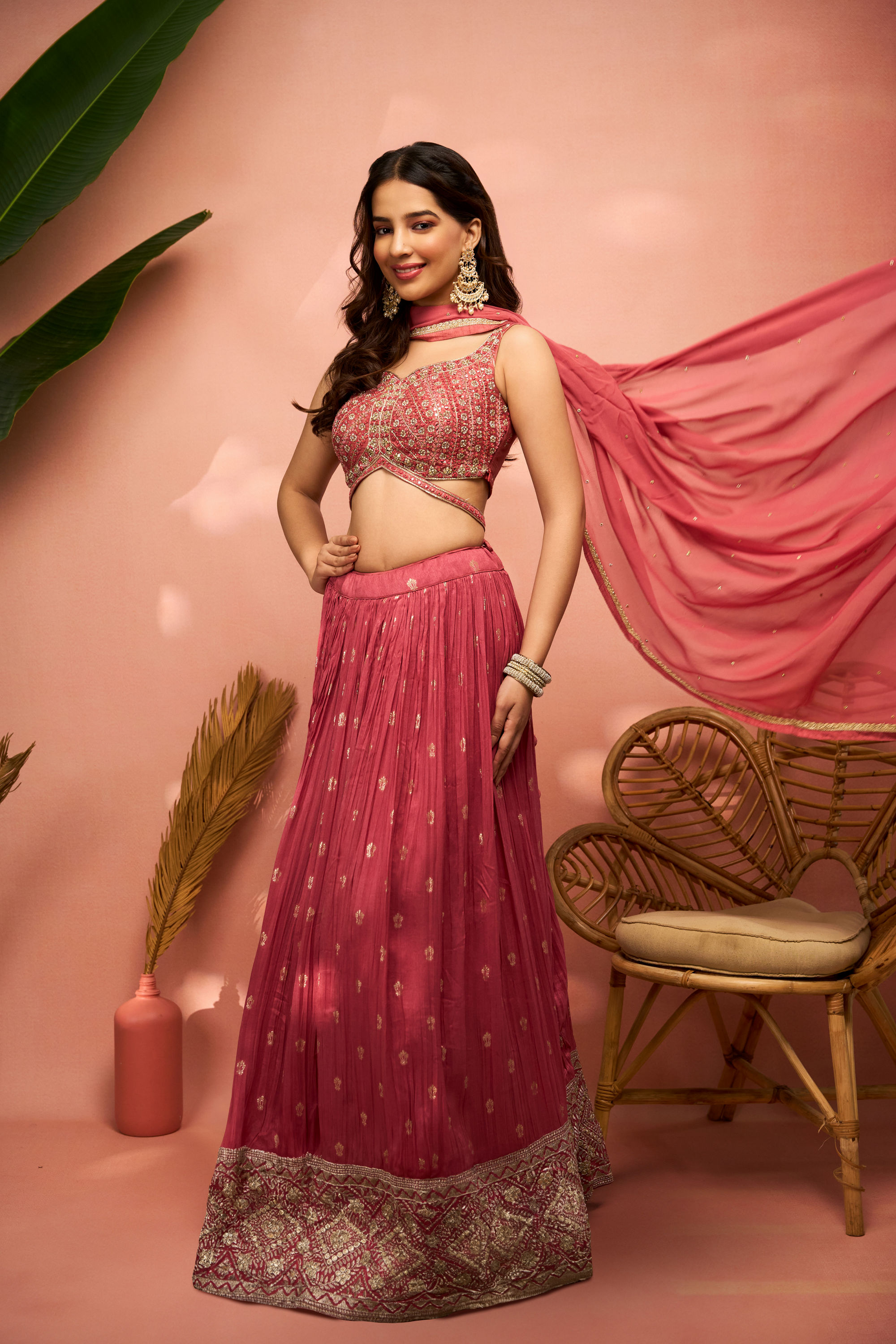 Mohey Women Elegant Dusty Light Pink Art Silk Crop Top Lehenga with Stone Work and Zari