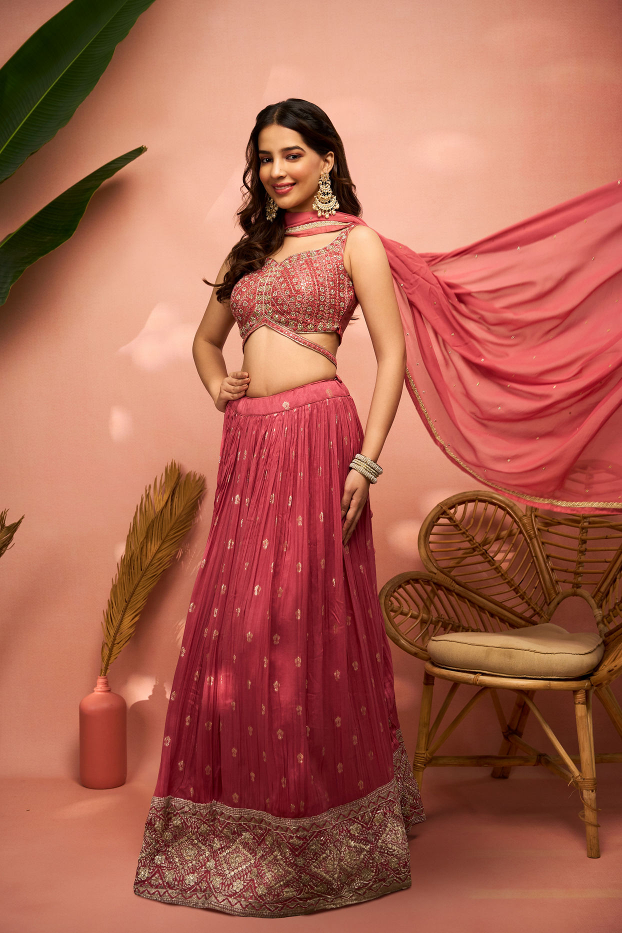 alt message - Mohey Women Elegant Dusty Light Pink Art Silk Crop Top Lehenga with Stone Work and Zari image number 0