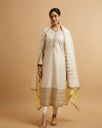 Mohey Women Cream Buta Sequinned Straight Suit with Bandhani Dupatta