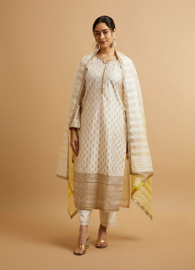 alt message - Mohey Women Cream Buta Sequinned Stitched Suit with Bandhani Dupatta image number 0