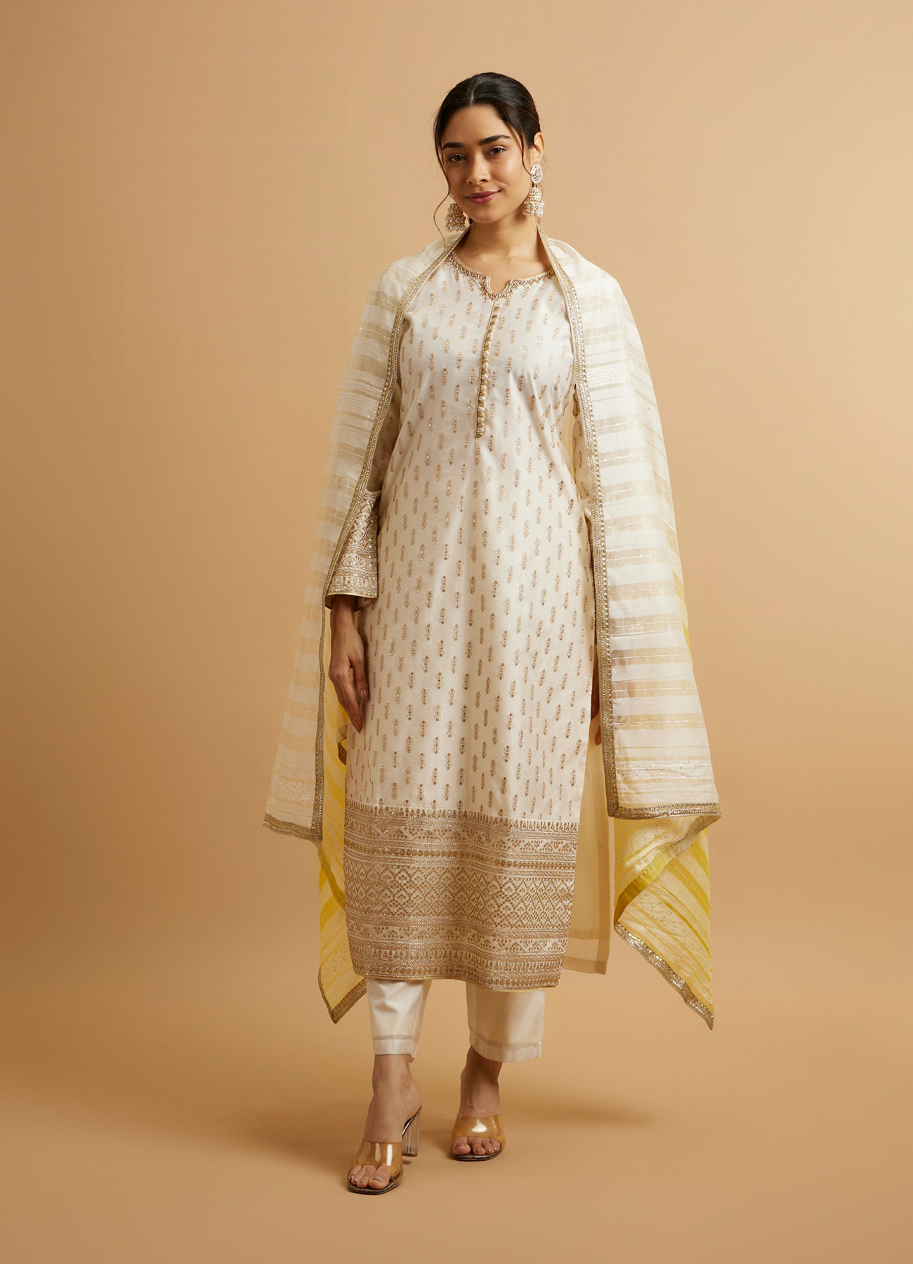 Mohey Women Cream Buta Sequinned Straight Suit with Bandhani Dupatta
