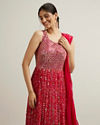 Mohey Women Rani Pink Bandhani Patterned Anarkali Suit with Mirror Work