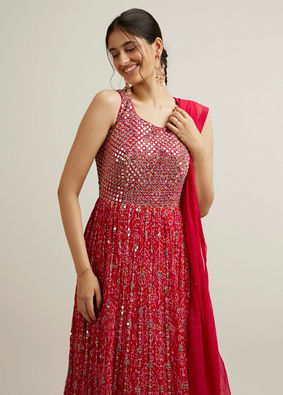 Mohey Women Rani Pink Bandhani Patterned Anarkali Suit with Mirror Work