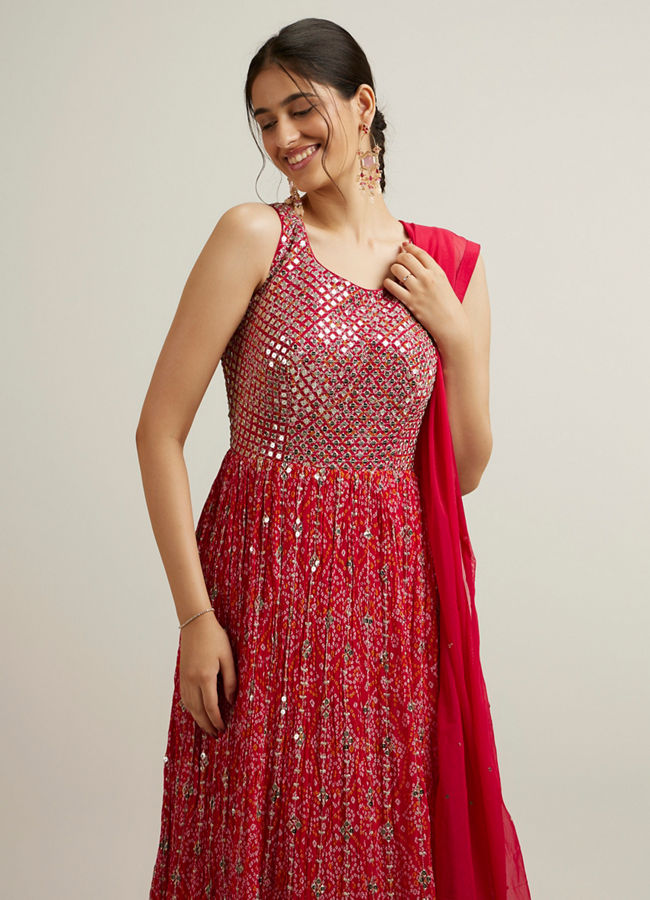 Mohey Women Rani Pink Bandhani Patterned Anarkali Suit with Mirror Work