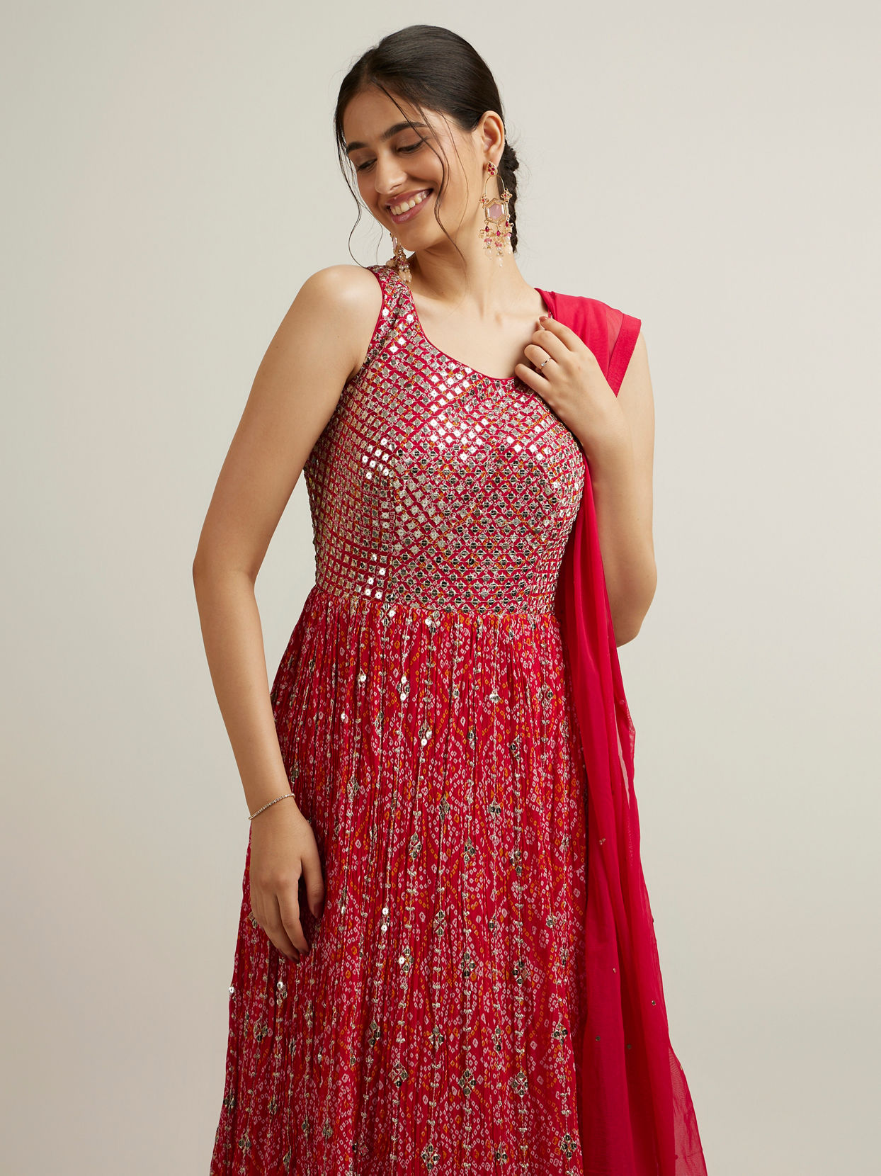 Mohey Women Rani Pink Bandhani Patterned Anarkali Suit with Mirror Work
