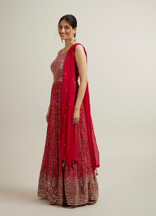 Mohey Women Rani Pink Bandhani Patterned Anarkali Suit with Mirror Work