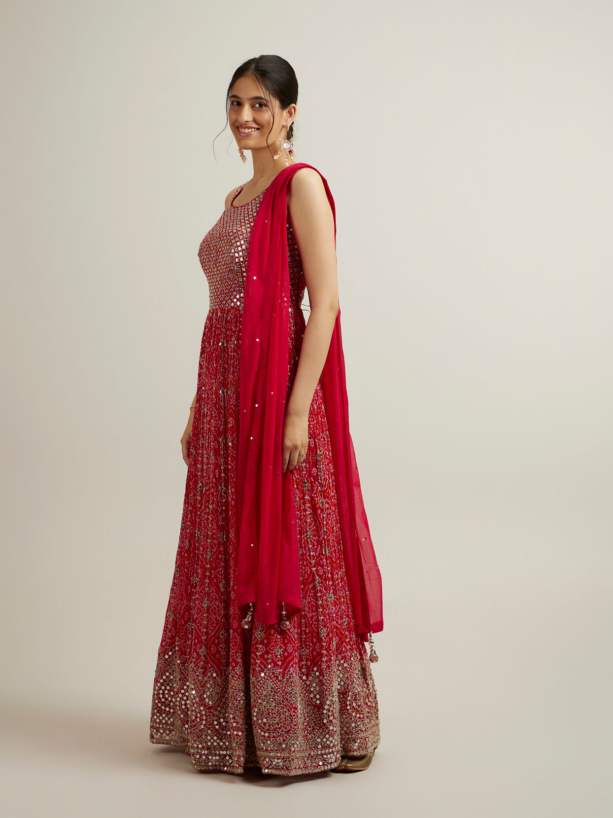 Mohey Women Rani Pink Bandhani Patterned Anarkali Suit with Mirror Work