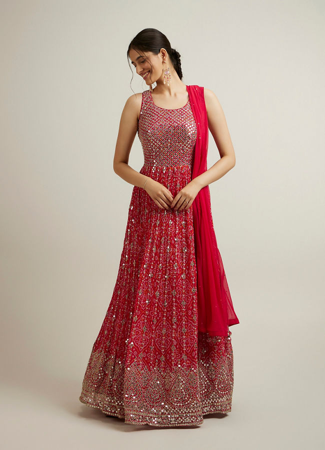 Mohey Women Rani Pink Bandhani Patterned Anarkali Suit with Mirror Work