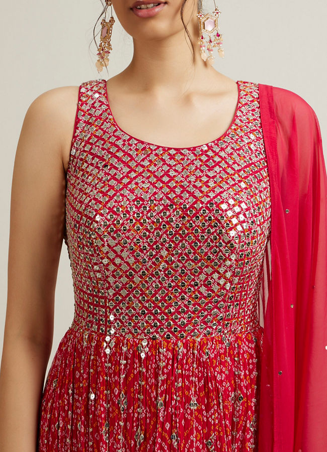 Mohey Women Rani Pink Bandhani Patterned Anarkali Suit with Mirror Work