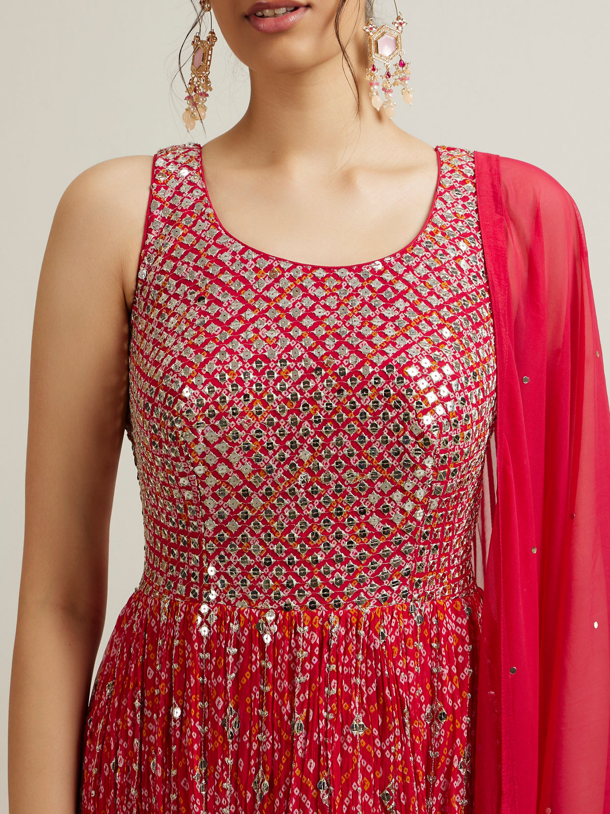 Mohey Women Rani Pink Bandhani Patterned Anarkali Suit with Mirror Work