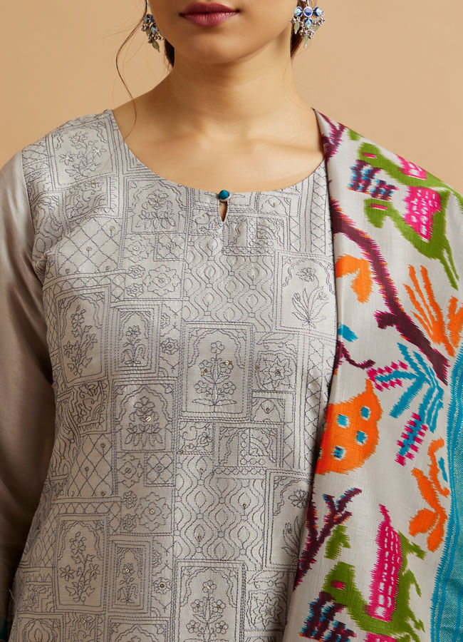 Mohey Women Grey Abstract Patterned Straight Suit