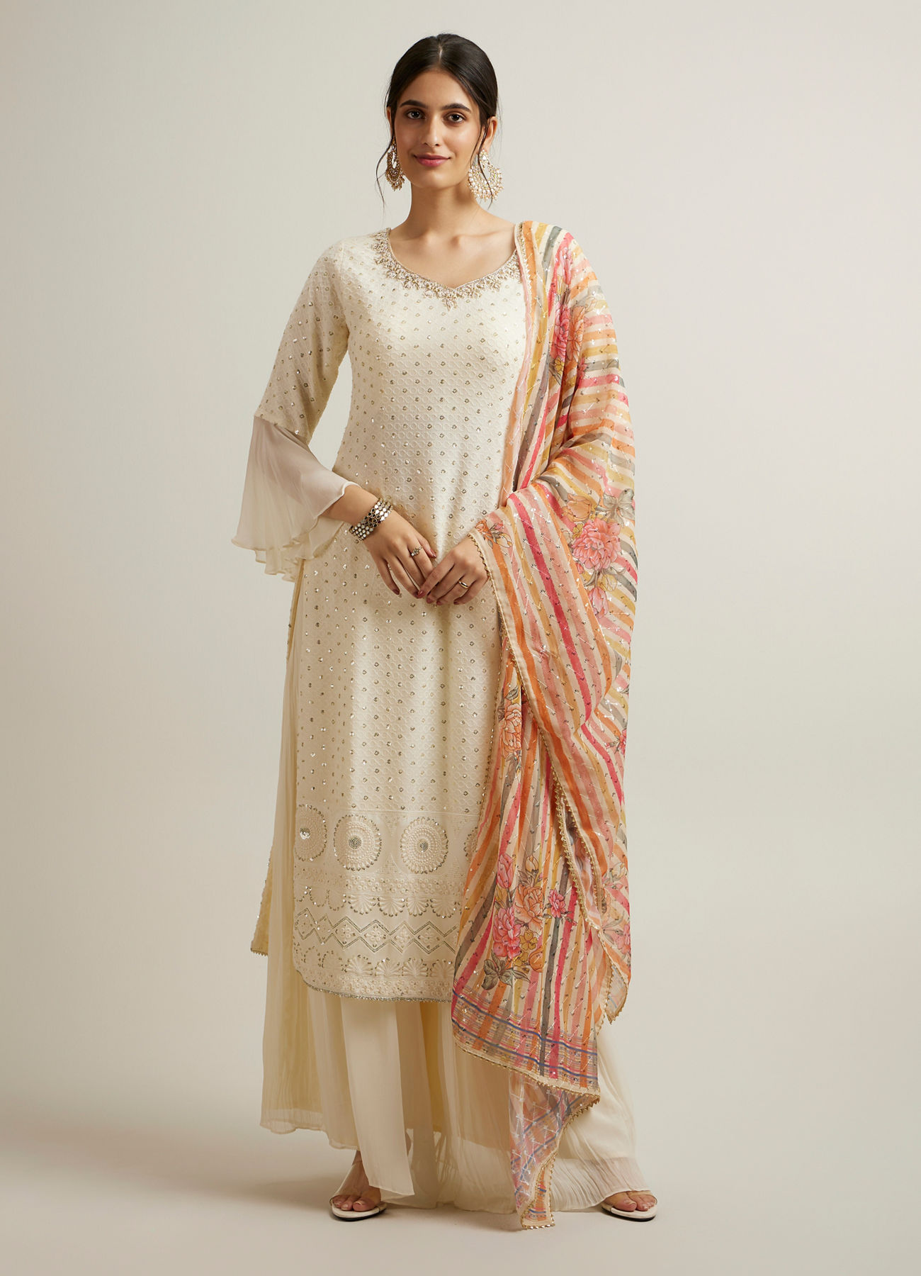 Mohey Women Dark Cream Buta Patterned Palazzo Suit