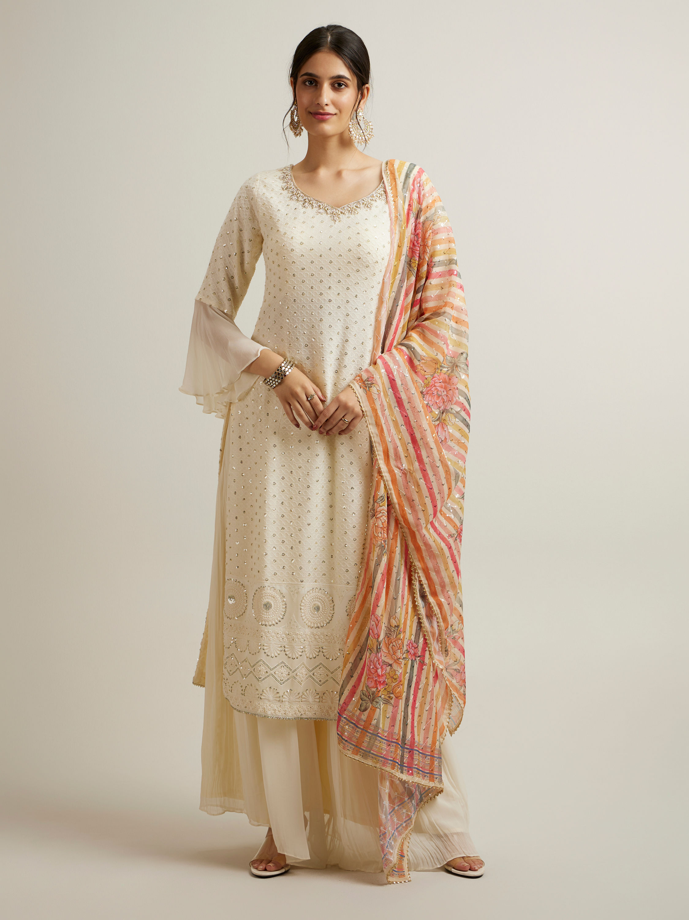 Mohey Women Dark Cream Buta Patterned Palazzo Suit