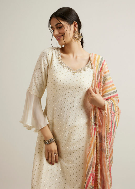Mohey Women Dark Cream Buta Patterned Palazzo Suit