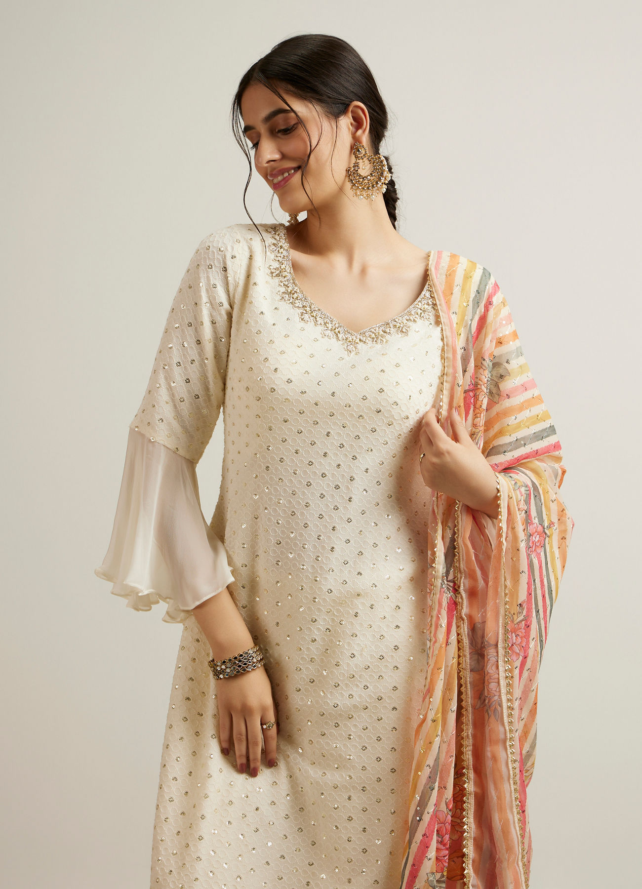 Mohey Women Dark Cream Buta Patterned Palazzo Suit