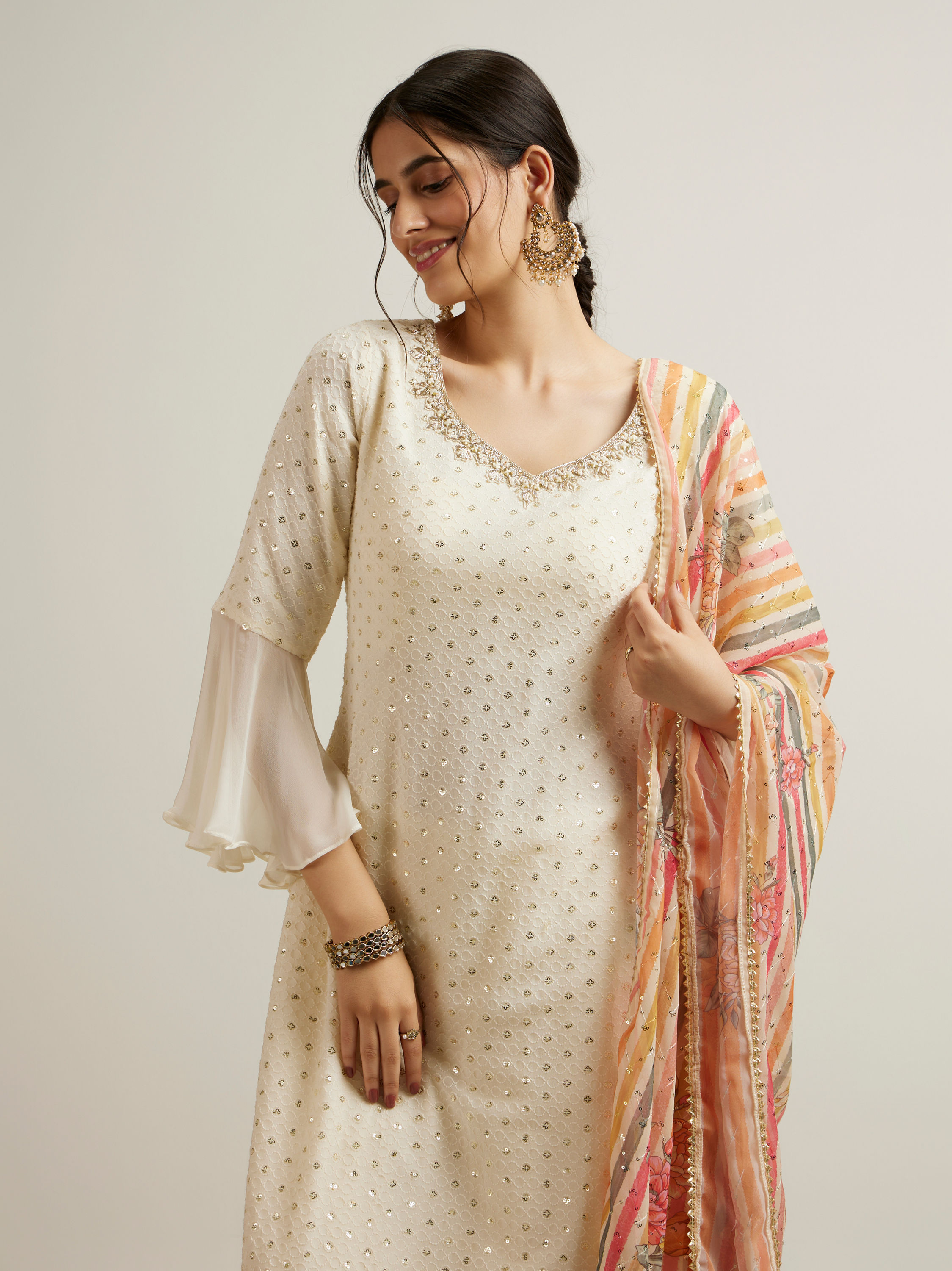 Mohey Women Dark Cream Buta Patterned Palazzo Suit