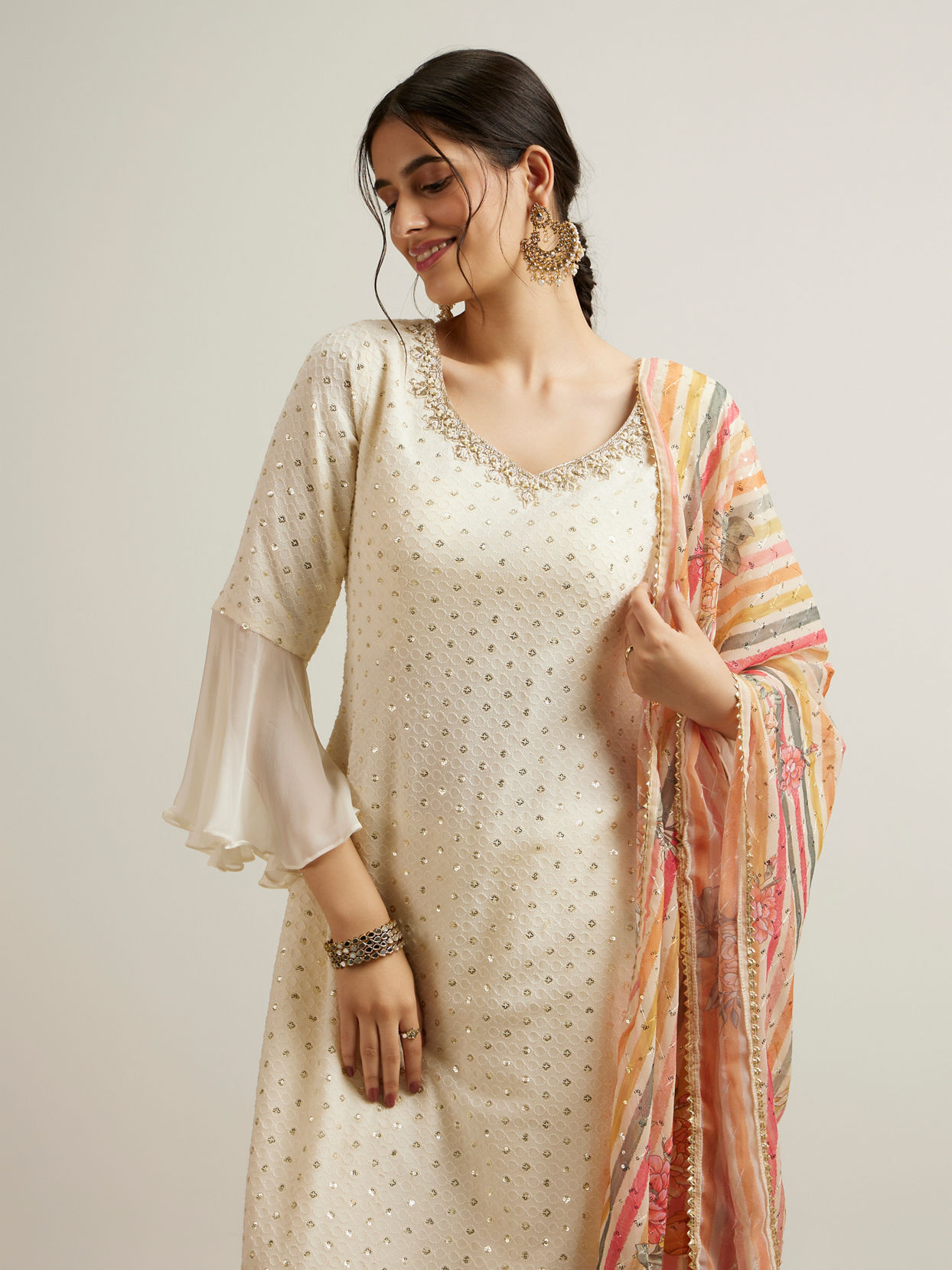 Mohey Women Dark Cream Buta Patterned Palazzo Suit
