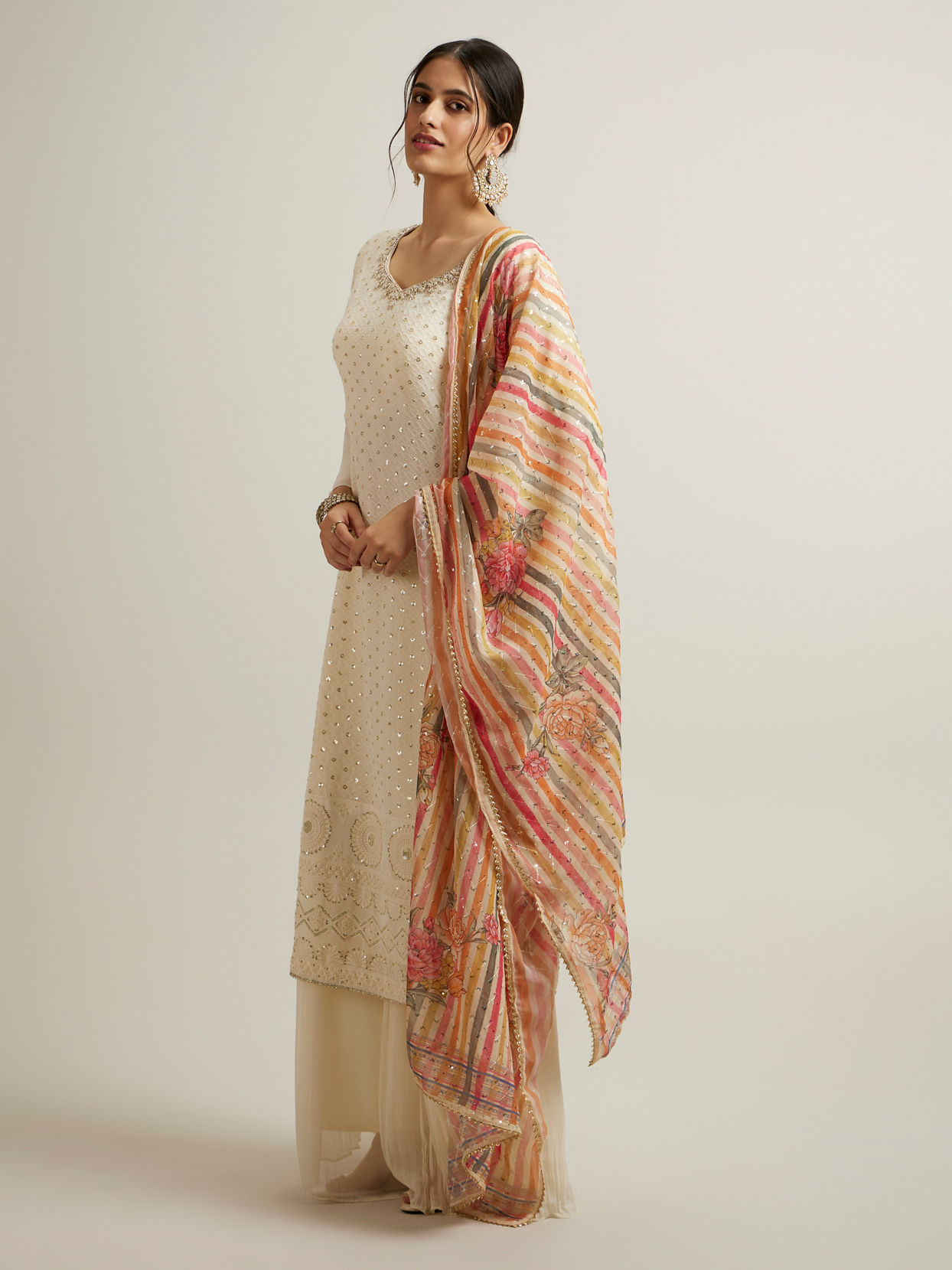 Mohey Women Dark Cream Buta Patterned Palazzo Suit