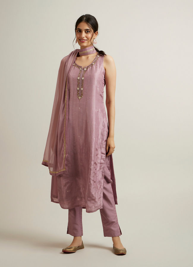 Mohey Women Purple Stripe Patterned Straight Suit with Stone Embellishments
